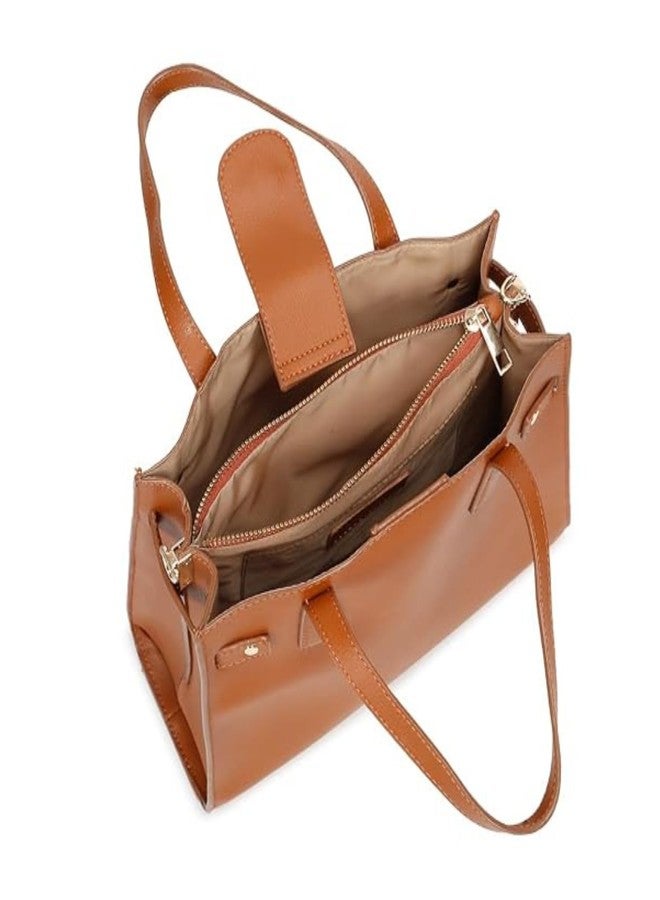 white lily Classic Faux Leather Handbag, Top Handle Satchel with Detachable Shoulder Strap (Tan) - Image 2